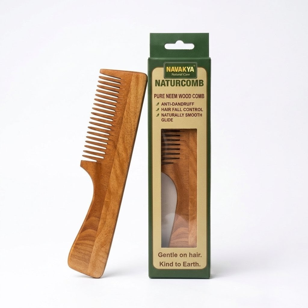 NAVAKYA Ergonomic Handle Comb | premium neem wood comb with ergonomic handle